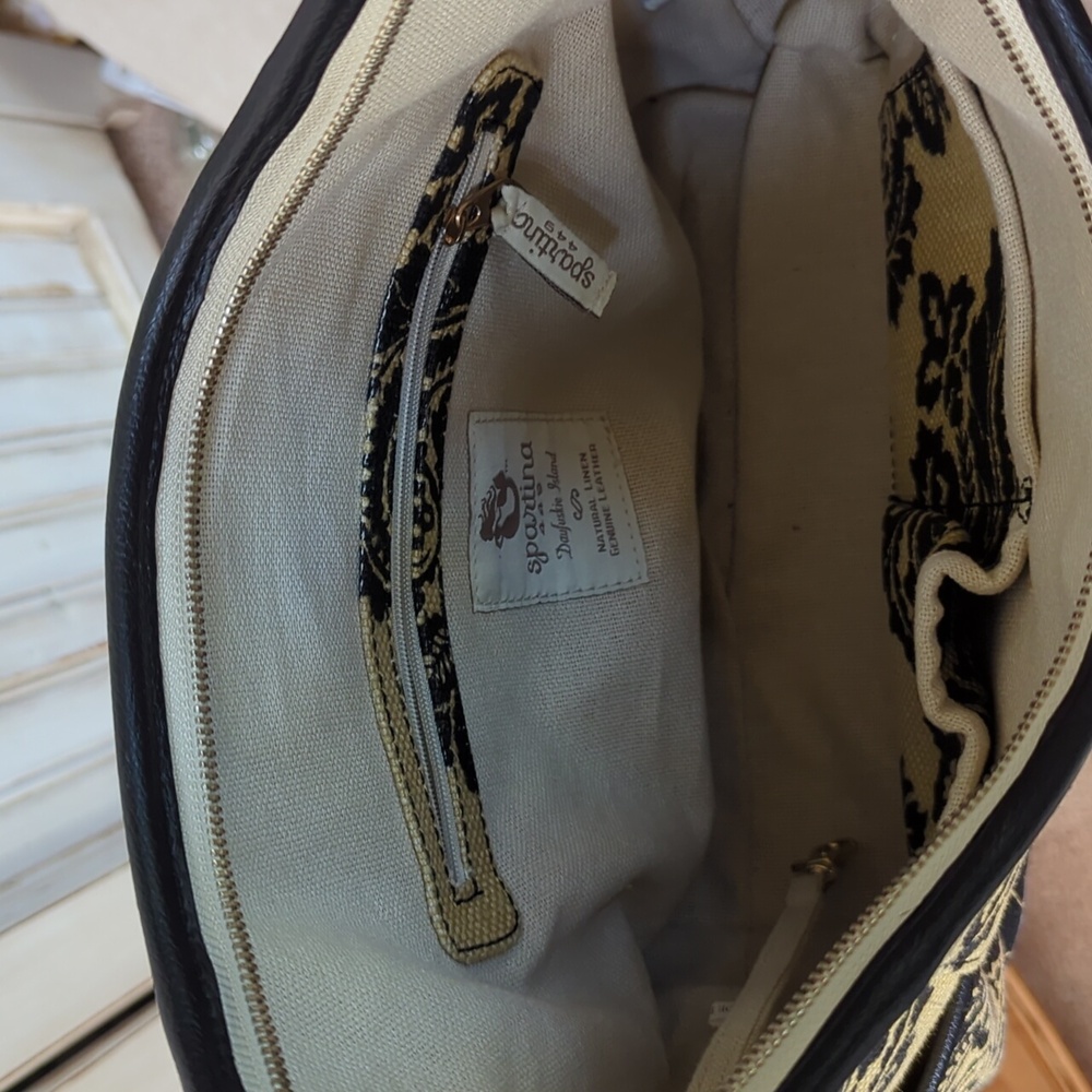 Spartina, Black and tan floral Paisley linen and leather shoulder bag. - Picture 3 of 13